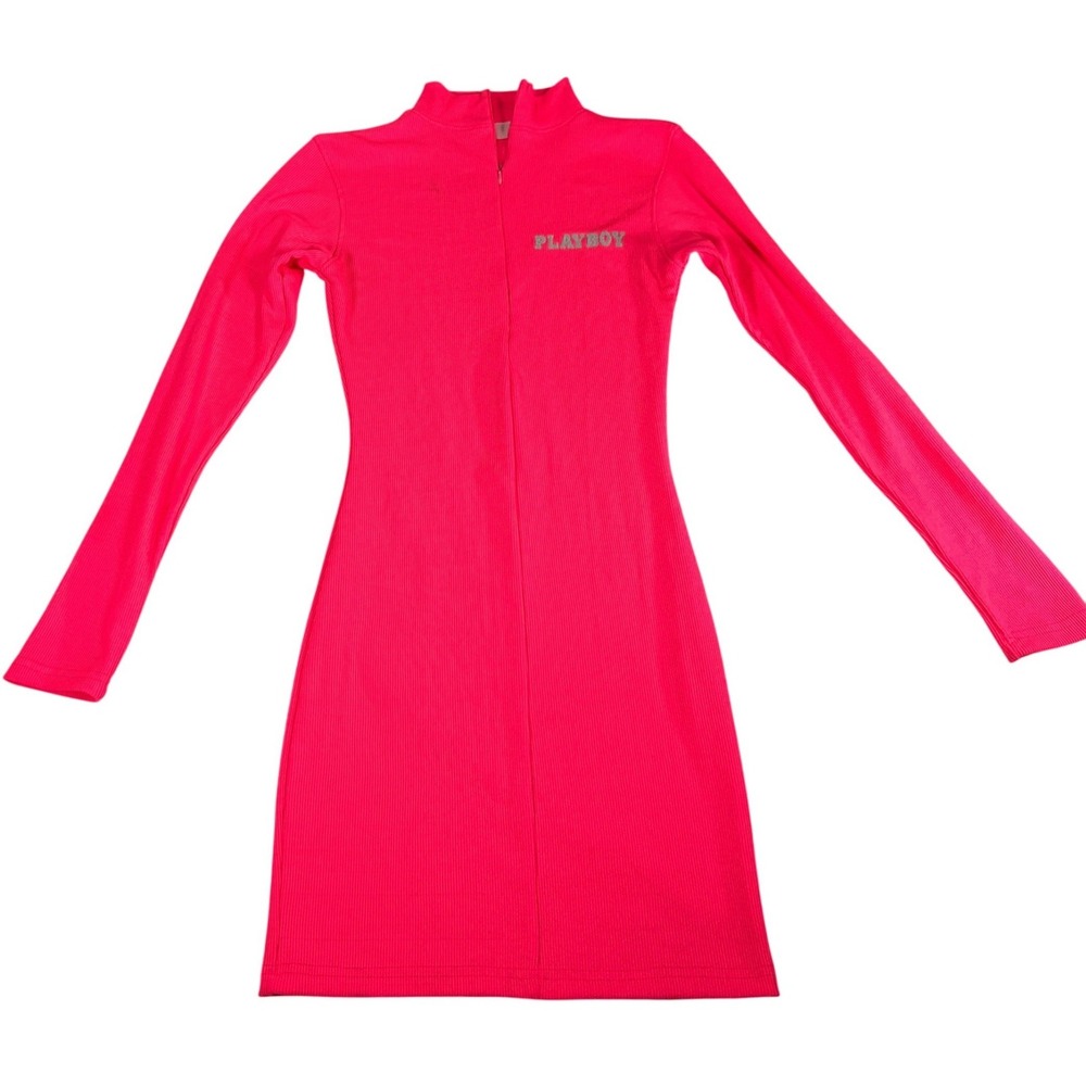 Playboy x Missguided‎ Neon Pink Ribbed Bodycon Dress High Neck Zip Long Sleeve